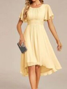 Ever Pretty Pale Yellow Flutter-Sleeve Midi Dress